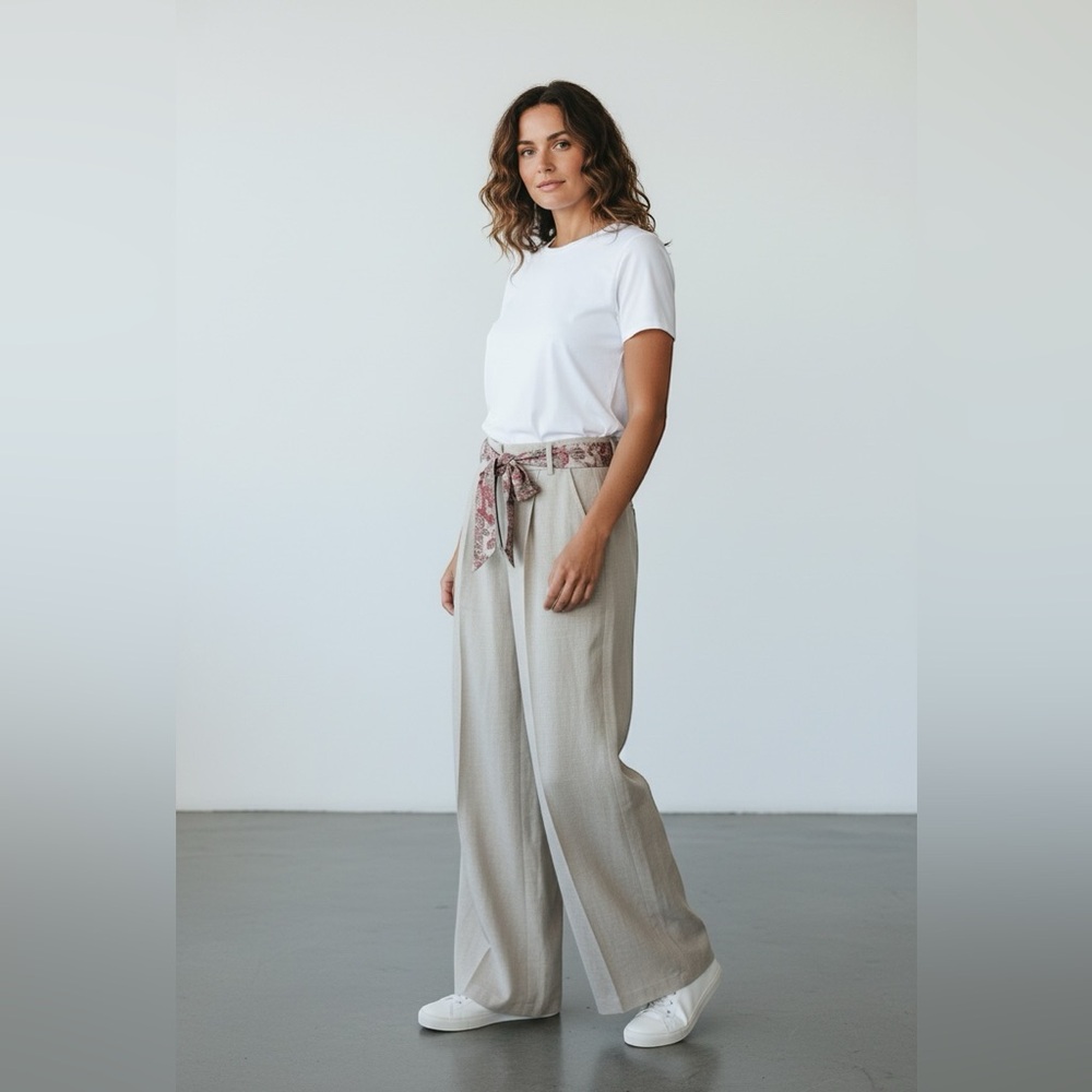 Linen blend Beige Wide-Leg Pants with Patterned Scarf Belt